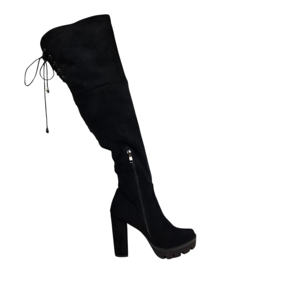 Isnom Black Suede Leather Chunky Lug Sole Over The Knee Tall Boot Women Size 9.5